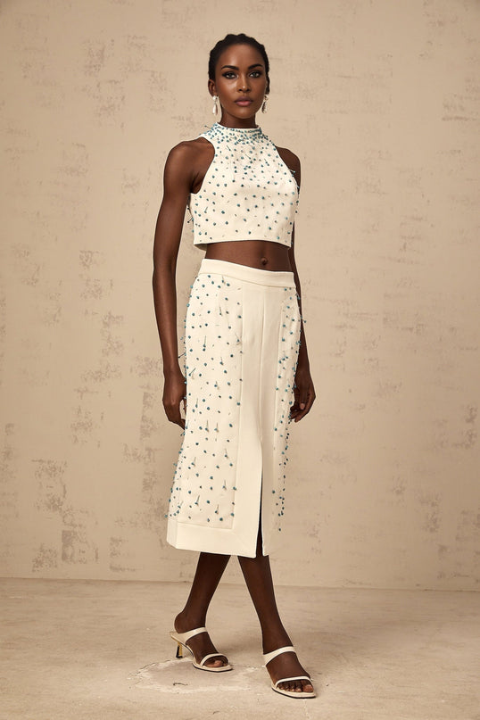 Emma Off-White & Blue Beaded Skirt Top Set