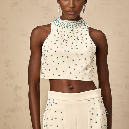 Emma Off-White & Blue Beaded Skirt Top Set
