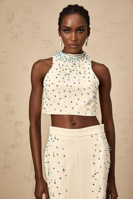 Emma Off-White & Blue Beaded Skirt Top Set