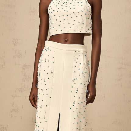 Emma Off-White & Blue Beaded Skirt Top Set