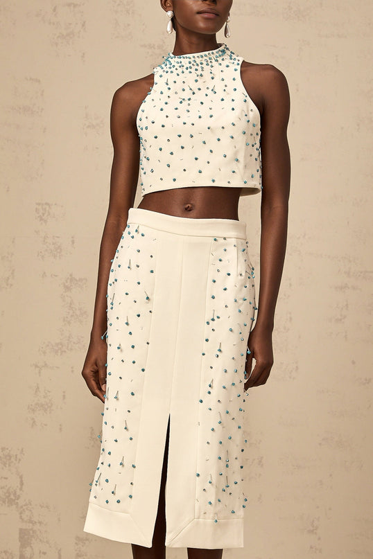 Emma Off-White & Blue Beaded Skirt Top Set