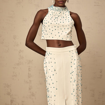 Emma Off-White & Blue Beaded Skirt Top Set