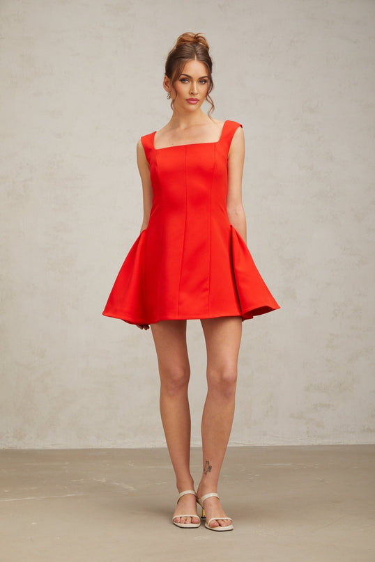 Emma Red Square Neck Puff Skirt Mini Dress