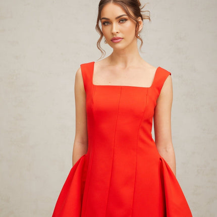 Emma Red Square Neck Puff Skirt Mini Dress