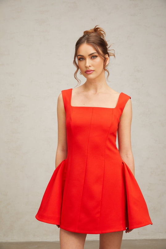 Emma Red Square Neck Puff Skirt Mini Dress