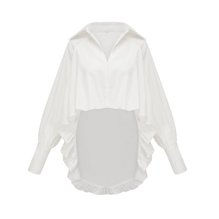 Emma Shirt High Low Puffed Vneck White Lapels Long Sleeves V Neck Buttoned Cuffs High Low Hem Curved Hem 56 Polyester 44 Silk