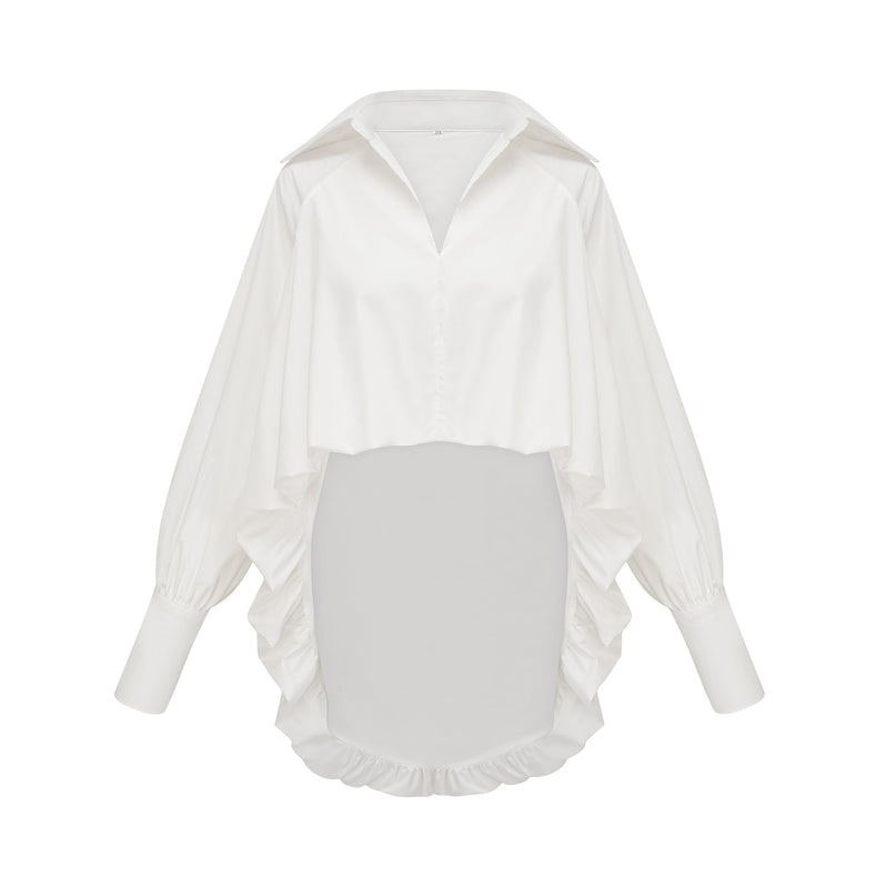 Emma Shirt High Low Puffed Vneck White Lapels Long Sleeves V Neck Buttoned Cuffs High Low Hem Curved Hem 56 Polyester 44 Silk