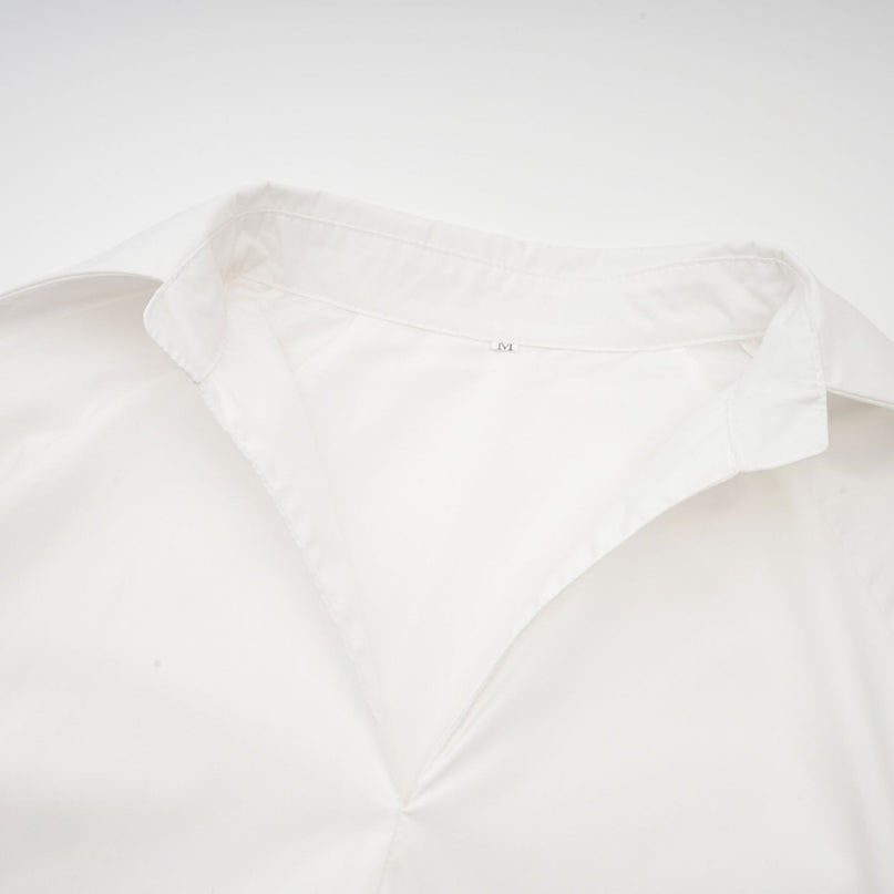Emma Shirt High Low Puffed Vneck White Lapels Long Sleeves V Neck Buttoned Cuffs High Low Hem Curved Hem 56 Polyester 44 Silk Luxury Style