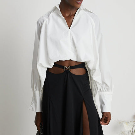 Emma White Lapels Long Sleeves Vneck High Low Puffed Shirt