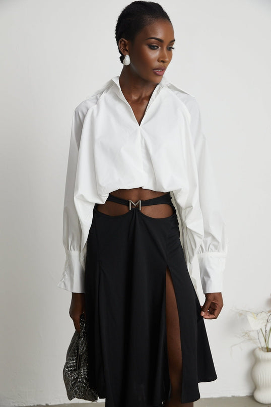 Emma White Lapels Long Sleeves Vneck High Low Puffed Shirt