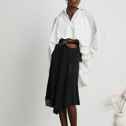 Emma White Lapels Long Sleeves Vneck Buttoned Cuffs High Low Hem Curved Hem Shirt