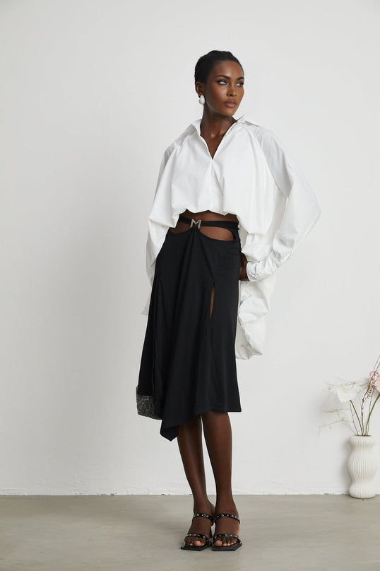 Emma White Lapels Long Sleeves Vneck Buttoned Cuffs High Low Hem Curved Hem Shirt