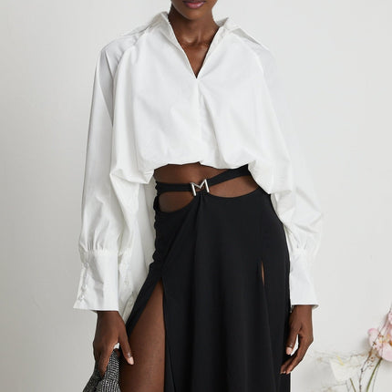 Emma White Lapel High Low Puffed Vneck Shirt