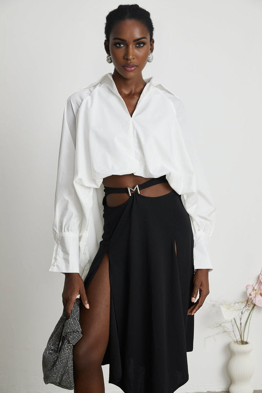 Emma White Lapel High Low Puffed Vneck Shirt