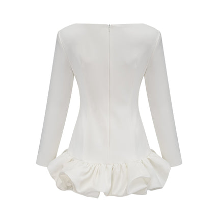 Emma White Bateau Neck Long Sleeve Mini Dress with Bubble Skirt in Cotton Polyester Blend