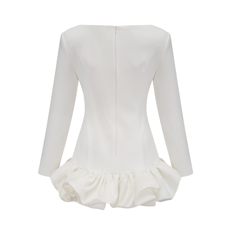 Emma White Bateau Neck Long Sleeve Mini Dress with Bubble Skirt in Cotton Polyester Blend