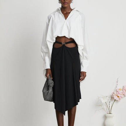 Emma White Lapel High Low Puffed Vneck Shirt