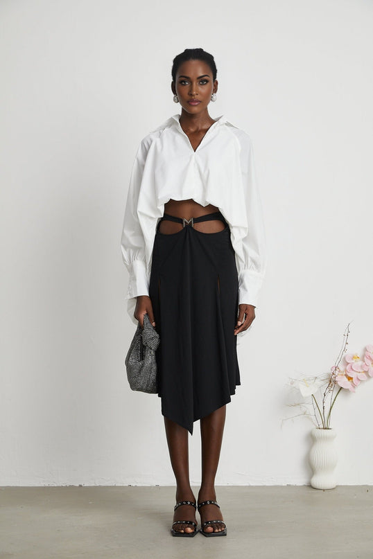 Emma White Lapel High Low Puffed Vneck Shirt