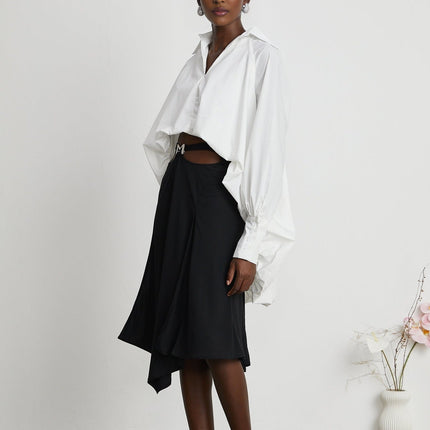 Emma White Lapel High Low Puffed Vneck Shirt