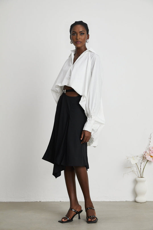 Emma White Lapel High Low Puffed Vneck Shirt