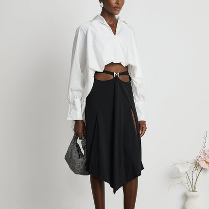 Emma White Lapel High Low Puffed Vneck Shirt