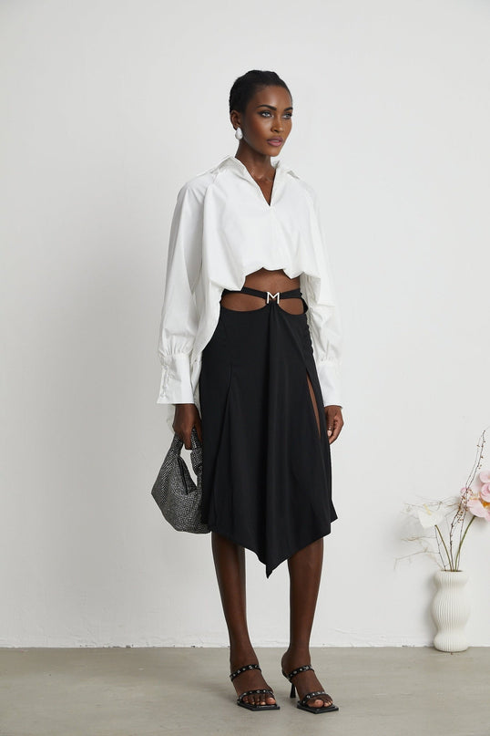Emma White Lapel High Low Puffed Vneck Shirt