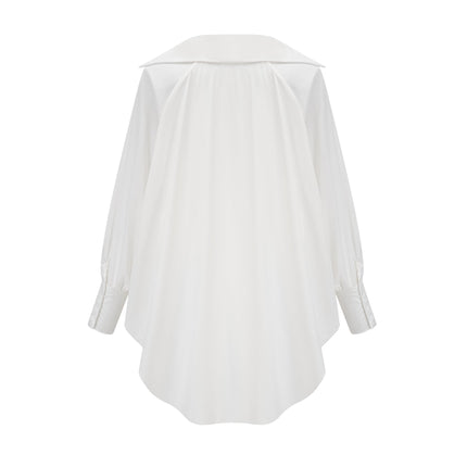 Emma White Lapel High Low Puffed Vneck Shirt