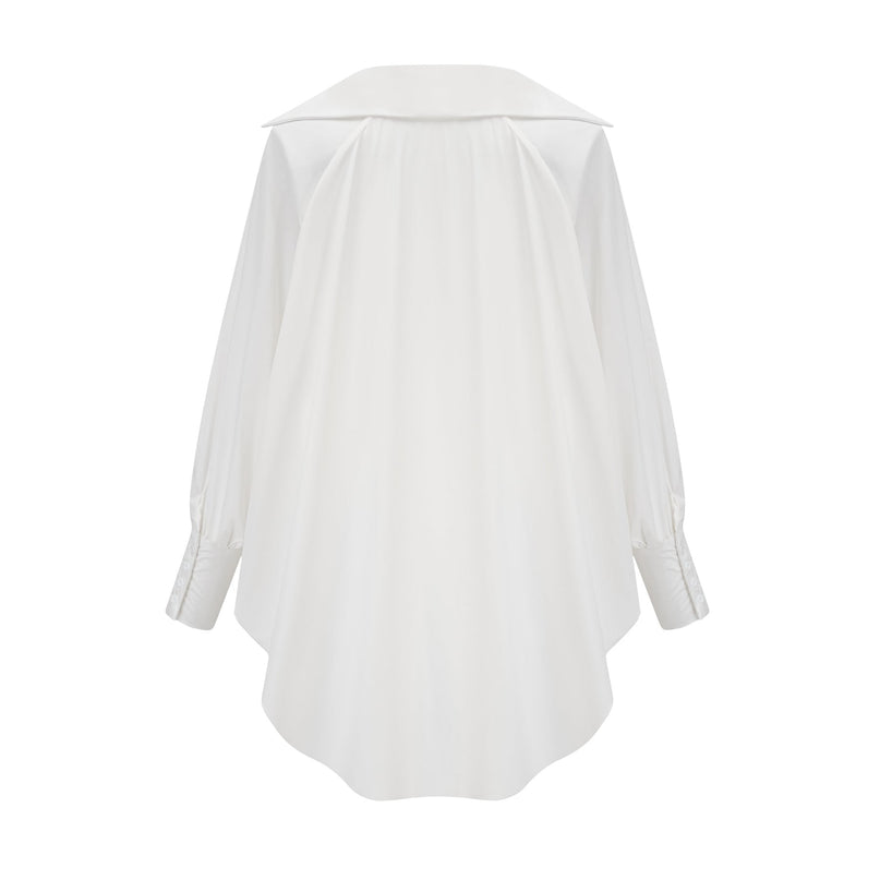 Emma White Lapel High Low Puffed Vneck Shirt