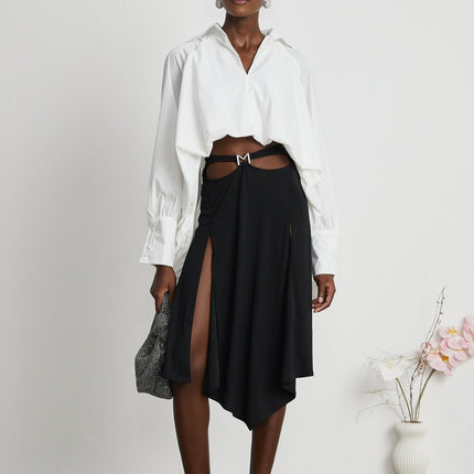 Emma White Lapel High Low Puffed Vneck Shirt