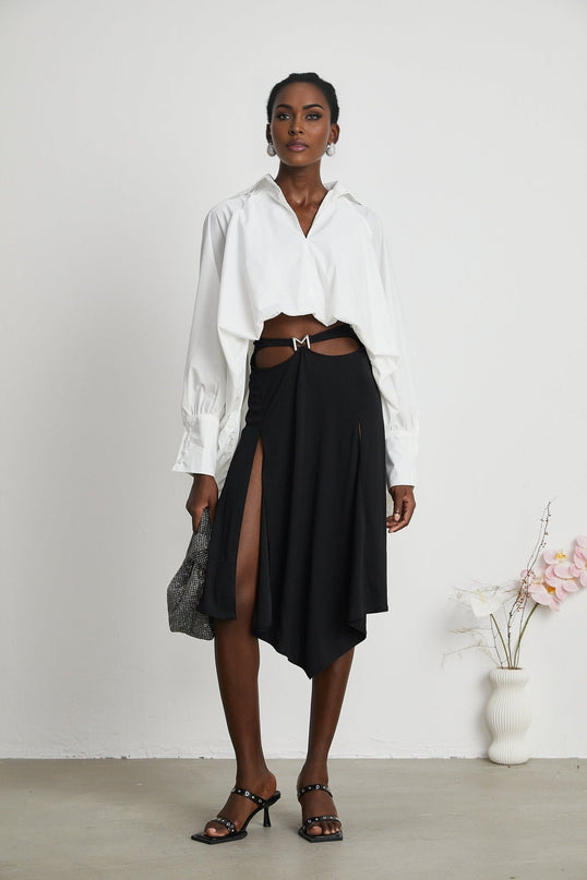 Emma White Lapel High Low Puffed Vneck Shirt