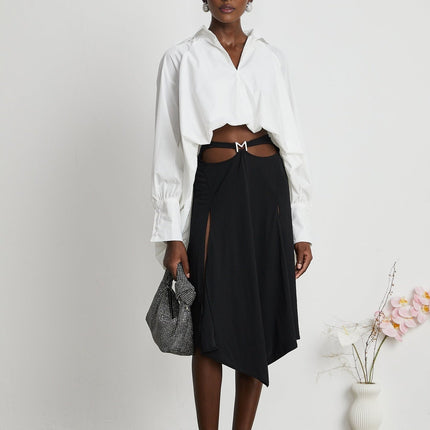 Emma White Lapel High Low Puffed Vneck Shirt