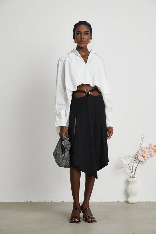 Emma White Lapel High Low Puffed Vneck Shirt
