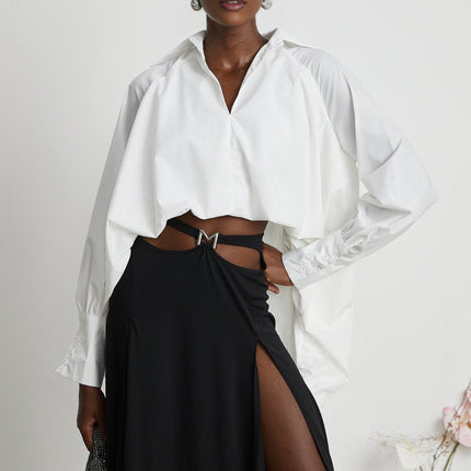 Emma White Lapel High Low Puffed Vneck Shirt