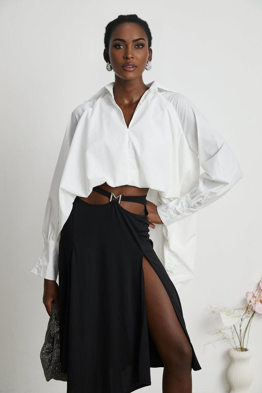 Emma White Lapel High Low Puffed Vneck Shirt