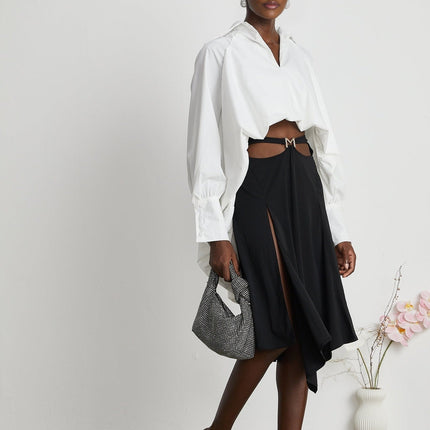 Emma White Lapel Long Sleeve Vneck Shirt High Low Puffed