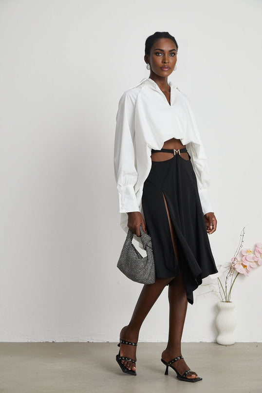Emma White Lapel Long Sleeve Vneck Shirt High Low Puffed