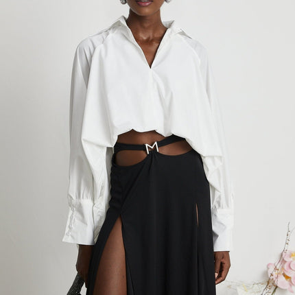 Emma White Lapel Shirt High Low Puffed Vneck Long Sleeve Buttoned Cuffs Curved Hem Polyester Silk