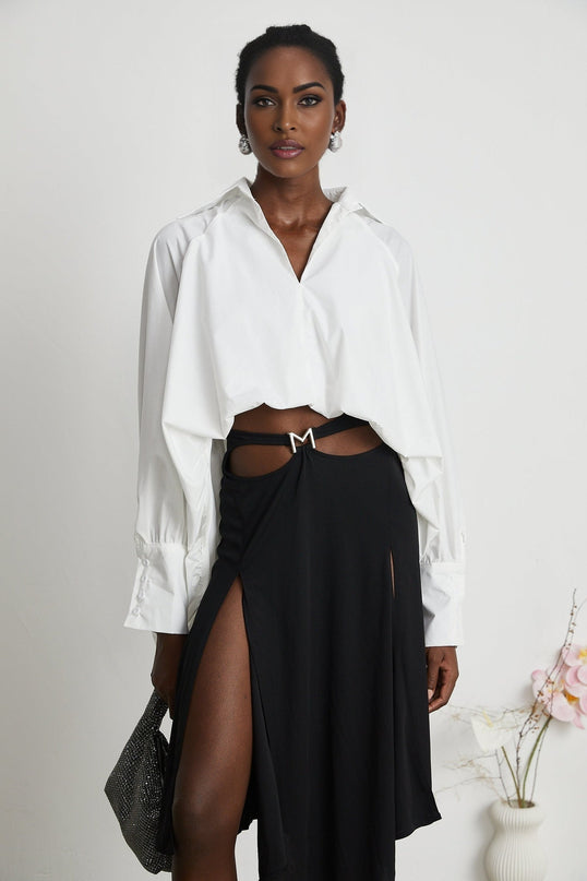 Emma White Lapel Shirt High Low Puffed Vneck Long Sleeve Buttoned Cuffs Curved Hem Polyester Silk