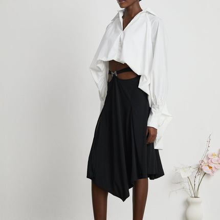 Emma White Lapel Vneck Shirt High Low Puffed Long Sleeve