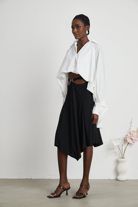 Emma White Lapel Vneck Shirt High Low Puffed Long Sleeve