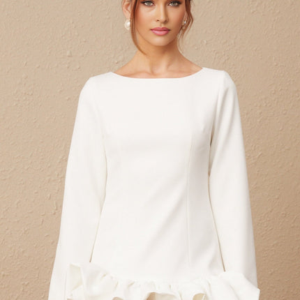 Emma White Mini Dress Bateau Neck Long Sleeve Bubble Skirt Cotton Polyester Blend Rear Zip Fastening Mini Length