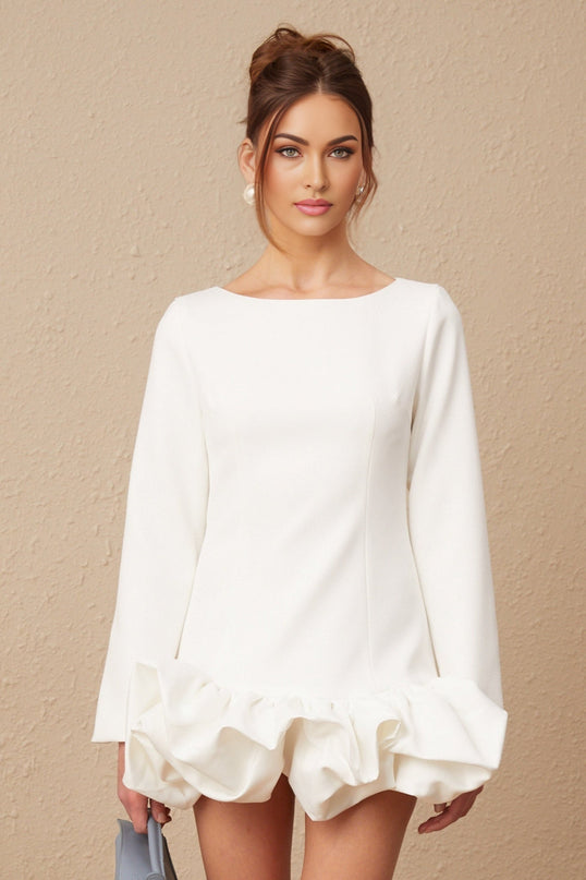 Emma White Mini Dress Bateau Neck Long Sleeve Bubble Skirt Cotton Polyester Blend Rear Zip Fastening Mini Length