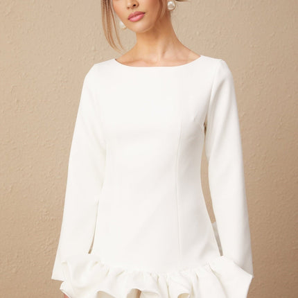 Emma White Mini Dress Bateau Neck Long Sleeves Cinched Waist Bubble Skirt Rear Zip Fastening Mini Length Cotton Polyester Blend