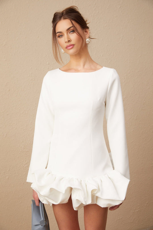 Emma White Mini Dress Bateau Neck Long Sleeves Cinched Waist Bubble Skirt Rear Zip Fastening Mini Length Cotton Polyester Blend