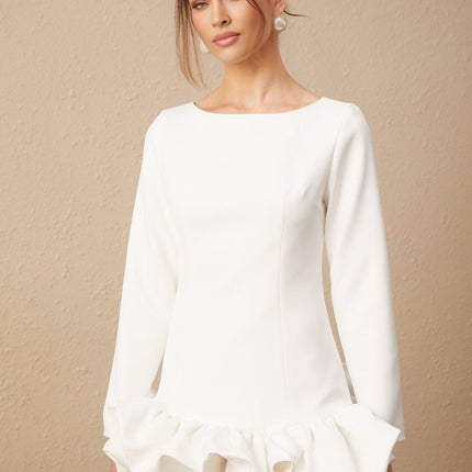 Emma White Mini Dress Bateau Neck Long Sleeves Bubble Skirt Rear Zip Fastening Mini Length Cotton Polyester Blend
