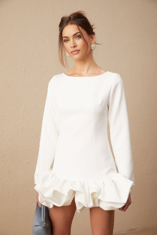 Emma White Mini Dress Bateau Neck Long Sleeves Bubble Skirt Rear Zip Fastening Mini Length Cotton Polyester Blend