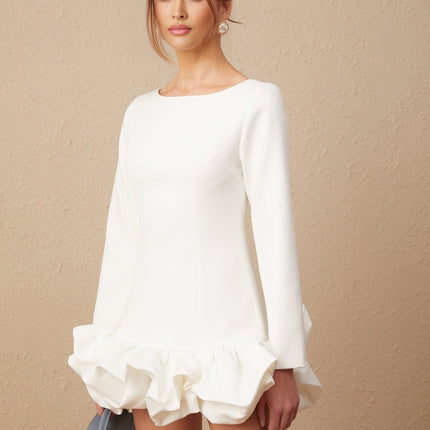Emma White Mini Dress Bateau Neck Long Sleeves Cinched Waist Bubble Skirt Rear Zip Fastening Mini Length Cotton Polyester Blend