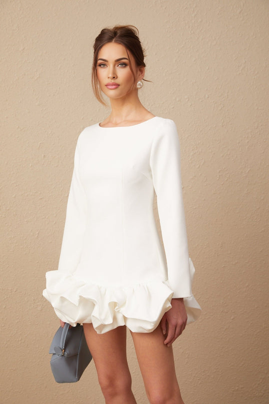 Emma White Mini Dress Bateau Neck Long Sleeves Cinched Waist Bubble Skirt Rear Zip Fastening Mini Length Cotton Polyester Blend