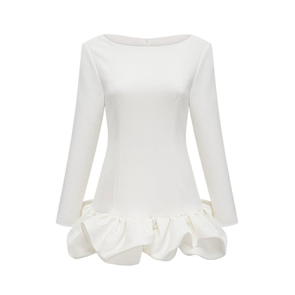 Emma White Mini Dress Bateau Neck Long Sleeve Bubble Skirt Cotton Polyester Blend Rear Zip Fastening Mini Length