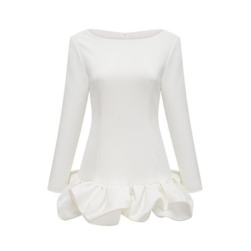 Emma White Mini Dress Bateau Neck Long Sleeve Bubble Skirt Cotton Polyester Blend Rear Zip Fastening Mini Length